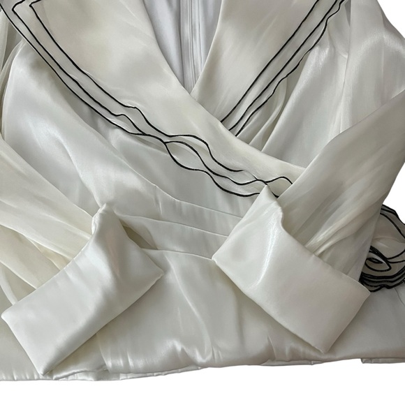 Rare 90s Cachet Shimmery White Faux Wrap Wide Lapel Sheer Sleeve Blouse - Picture 12 of 14